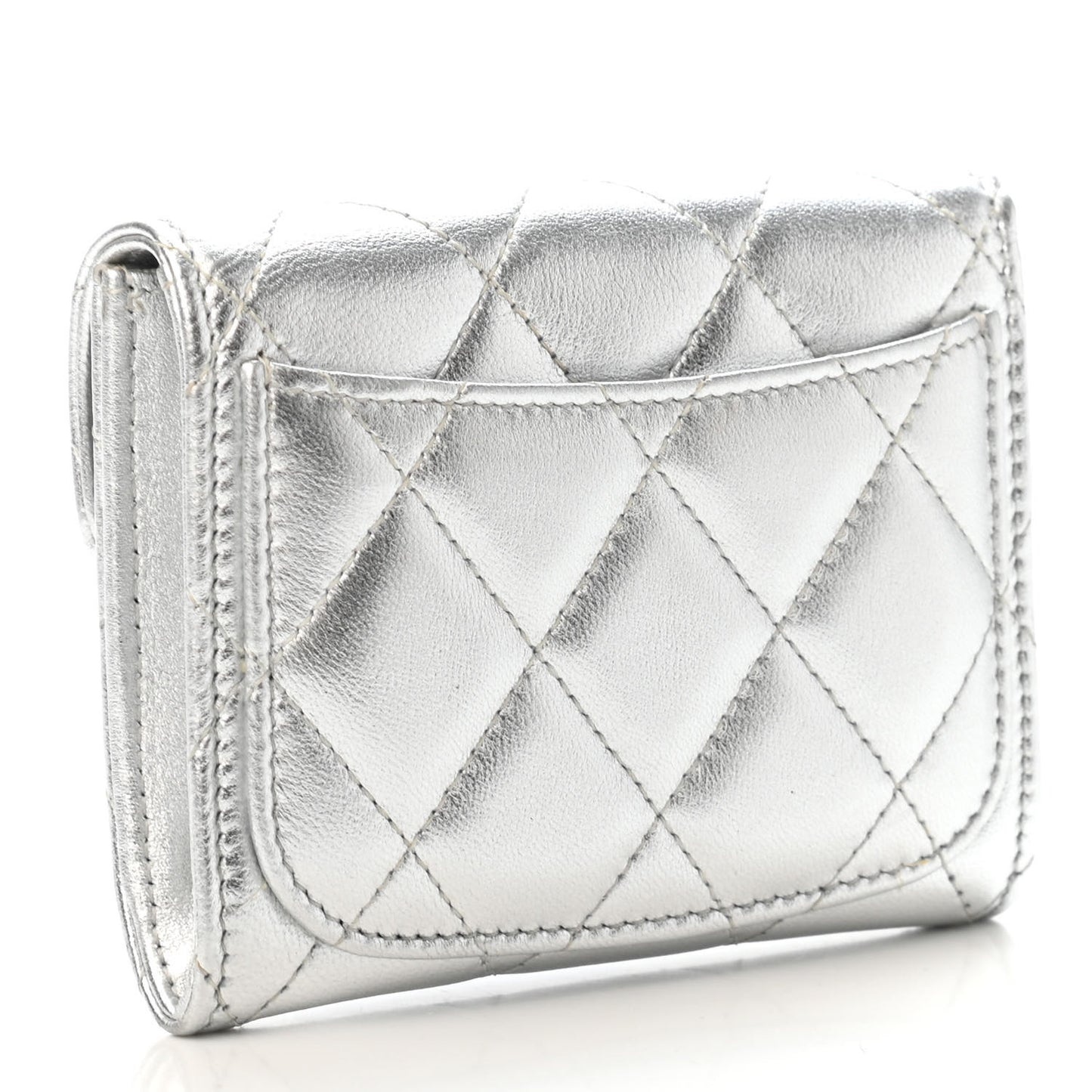 Metallic Lambskin Quilted Flap Card Holder Wallet Silver