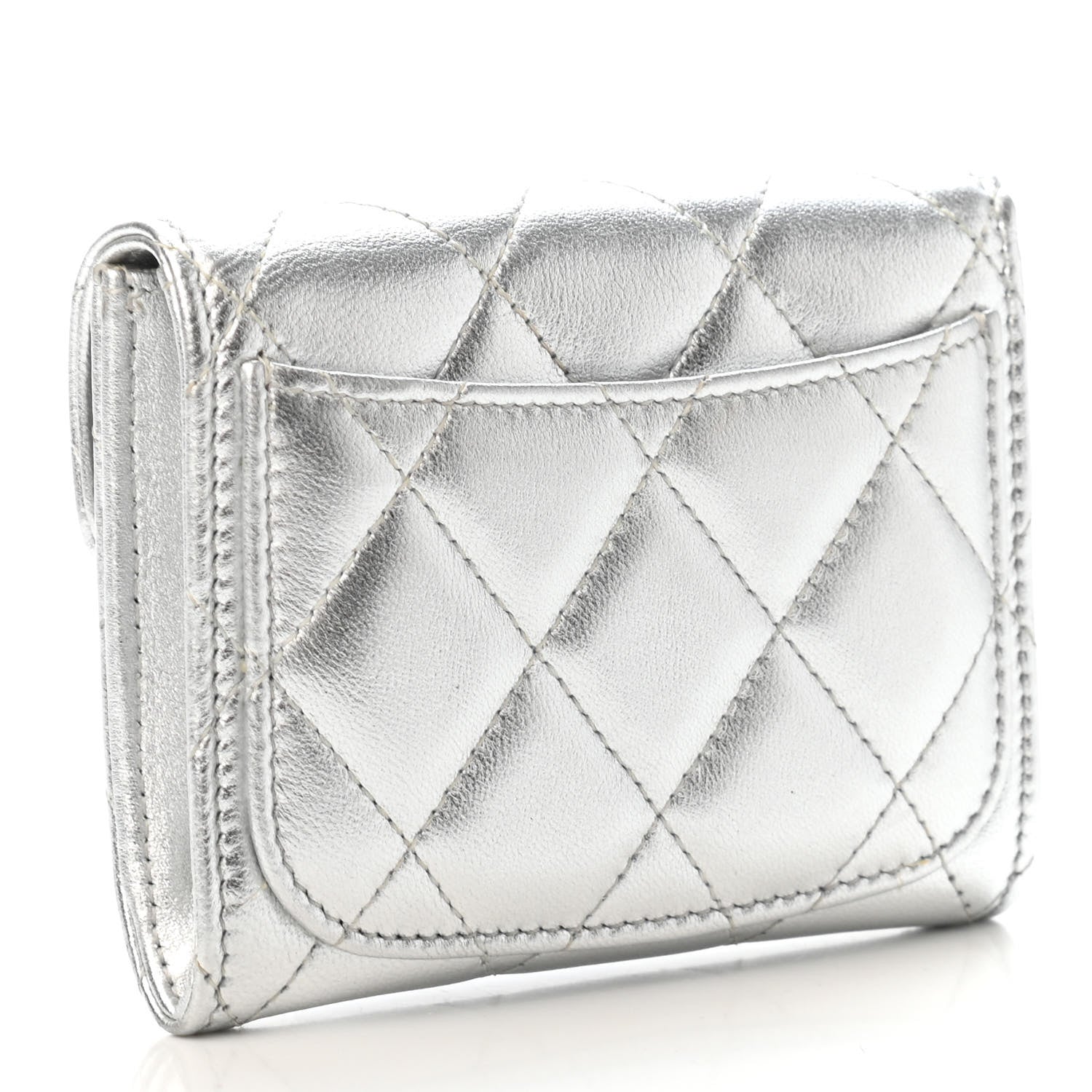 Chanel Metallic Lambskin Quilted Flap Card Holder Wallet Silver 2 of 5