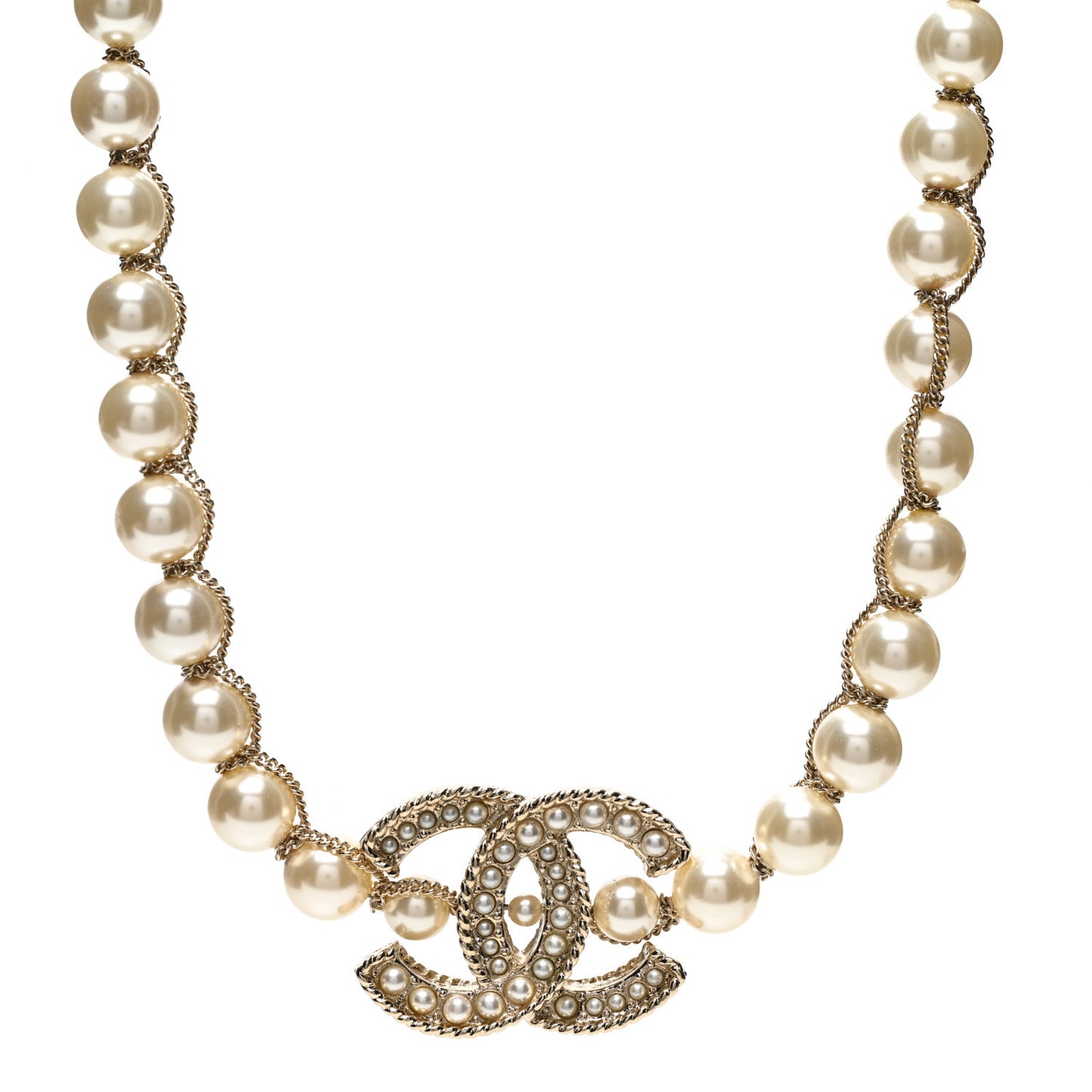 Metal Pearl Chain CC Long Necklace Gold