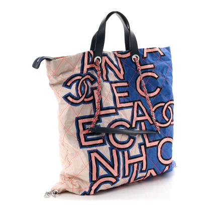 Chanel Nylon Stitched Printed Logo Shopping Bag Blue Multicolor 2 of 9