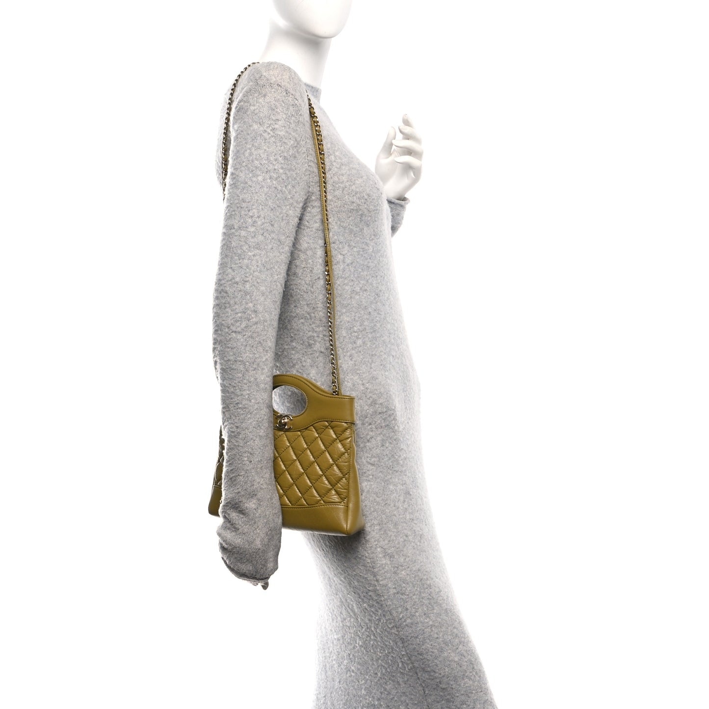 Shiny Crumpled Calfskin Quilted Mini 31 Shopping Bag Khaki