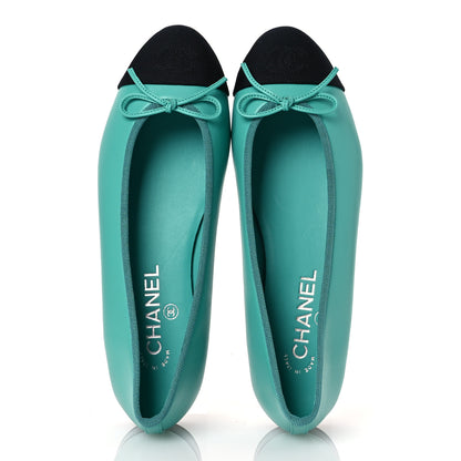 Chanel Calfskin Grosgrain Cap Toe CC Ballerina Flats 38 Turquoise Black 2 of 13