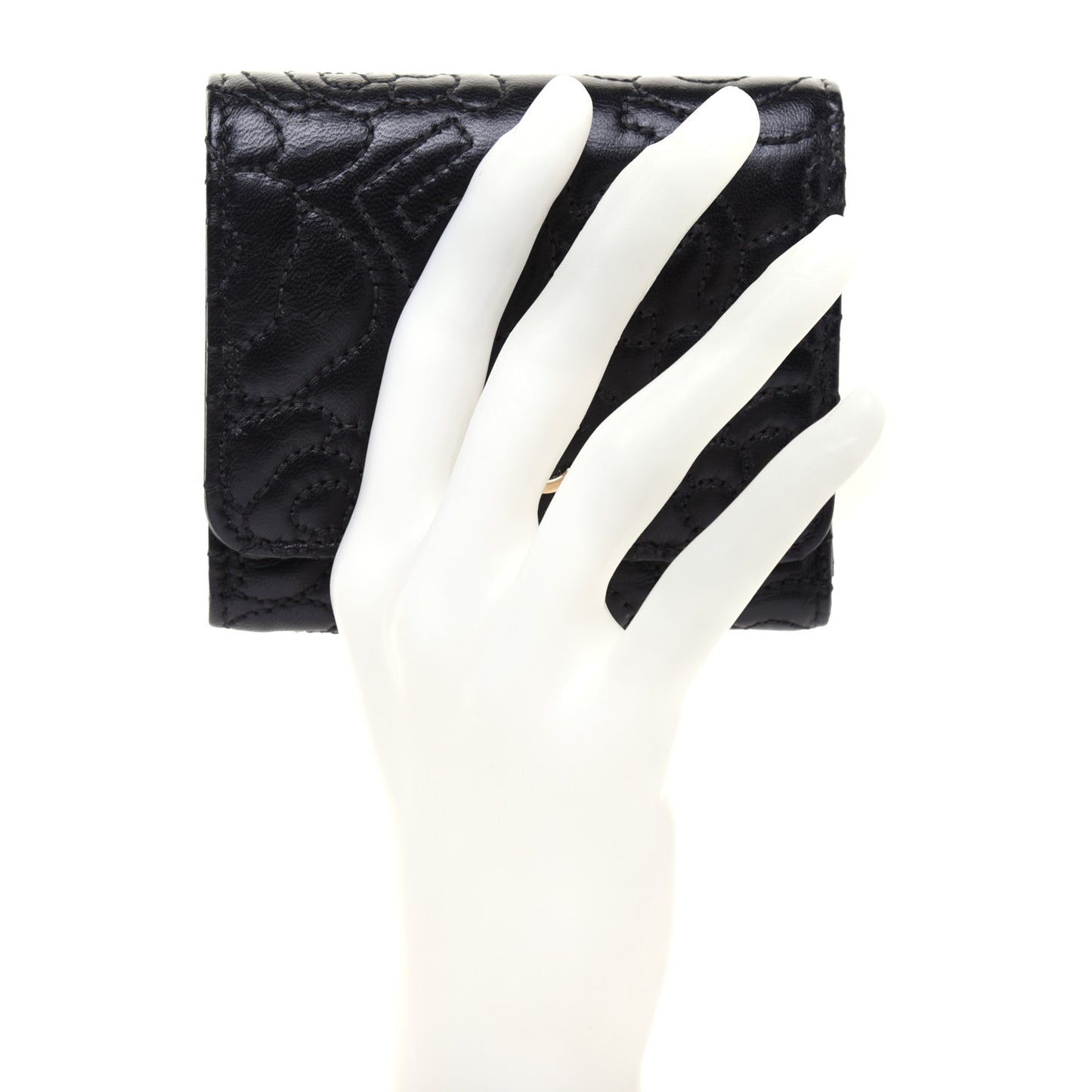 Lambskin Camellia Embossed Small Wallet Black