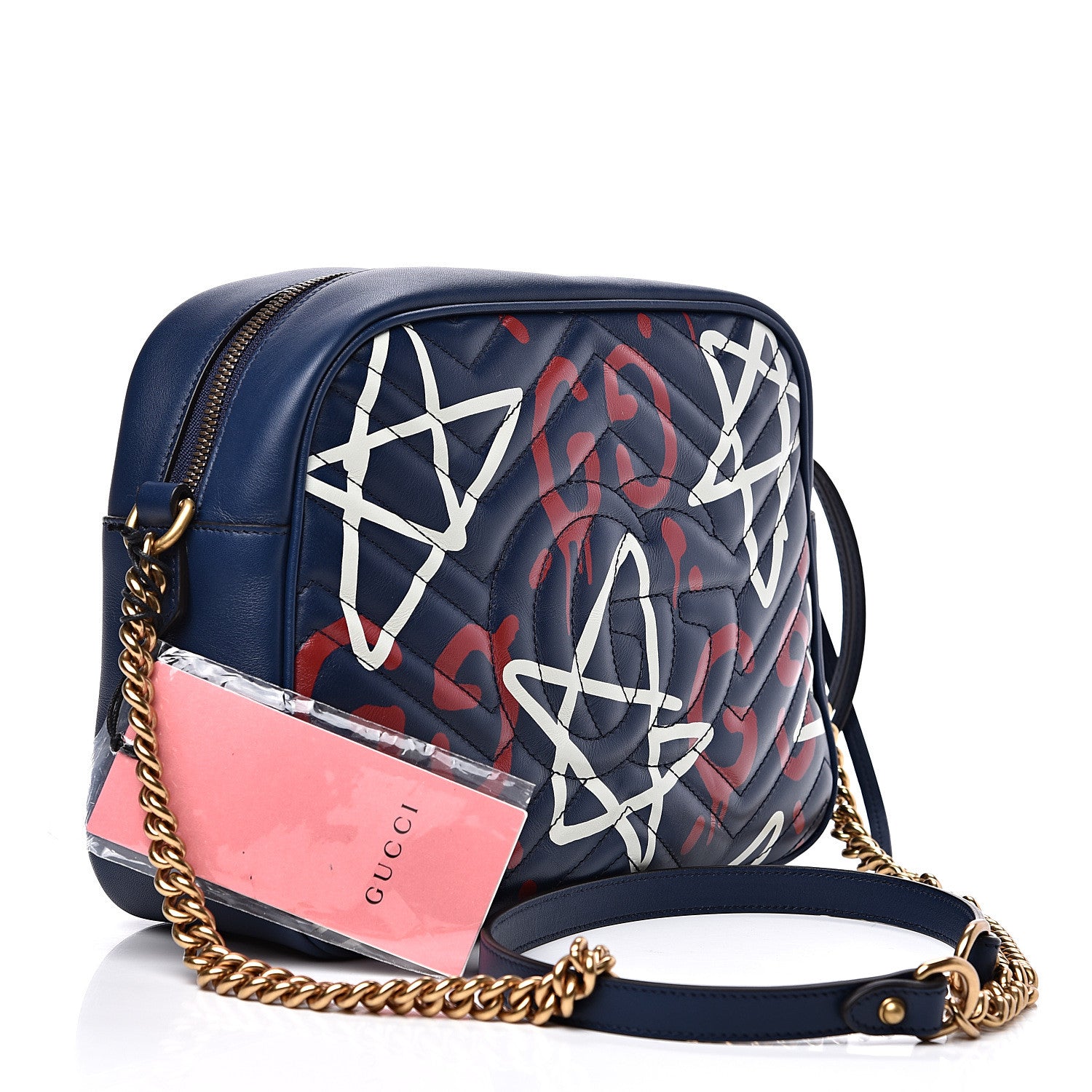 Gucci Calfskin Matelasse GucciGhost Medium GG Marmont Chain Shoulder Bag Blue Agata Hibiscus Red 2 of 11