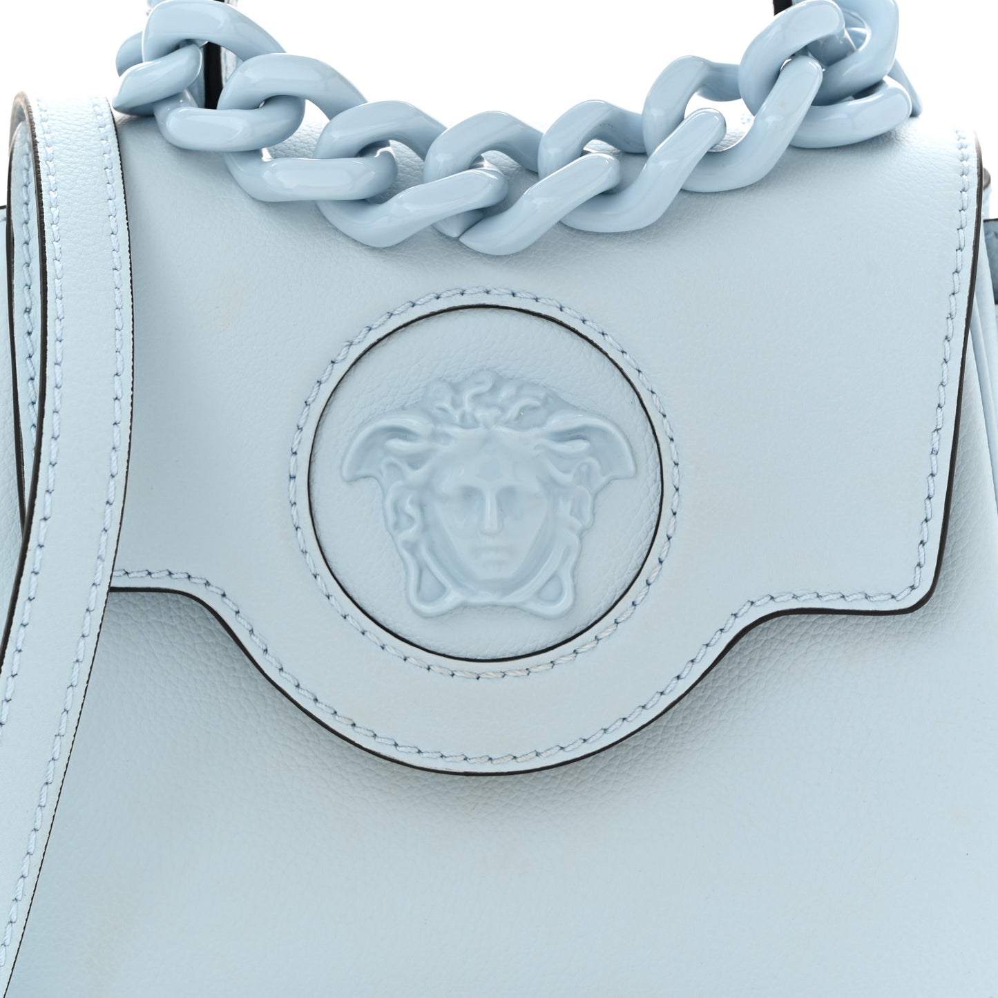 Grained Calfskin Small La Medusa Top Handle Bag Light Blue