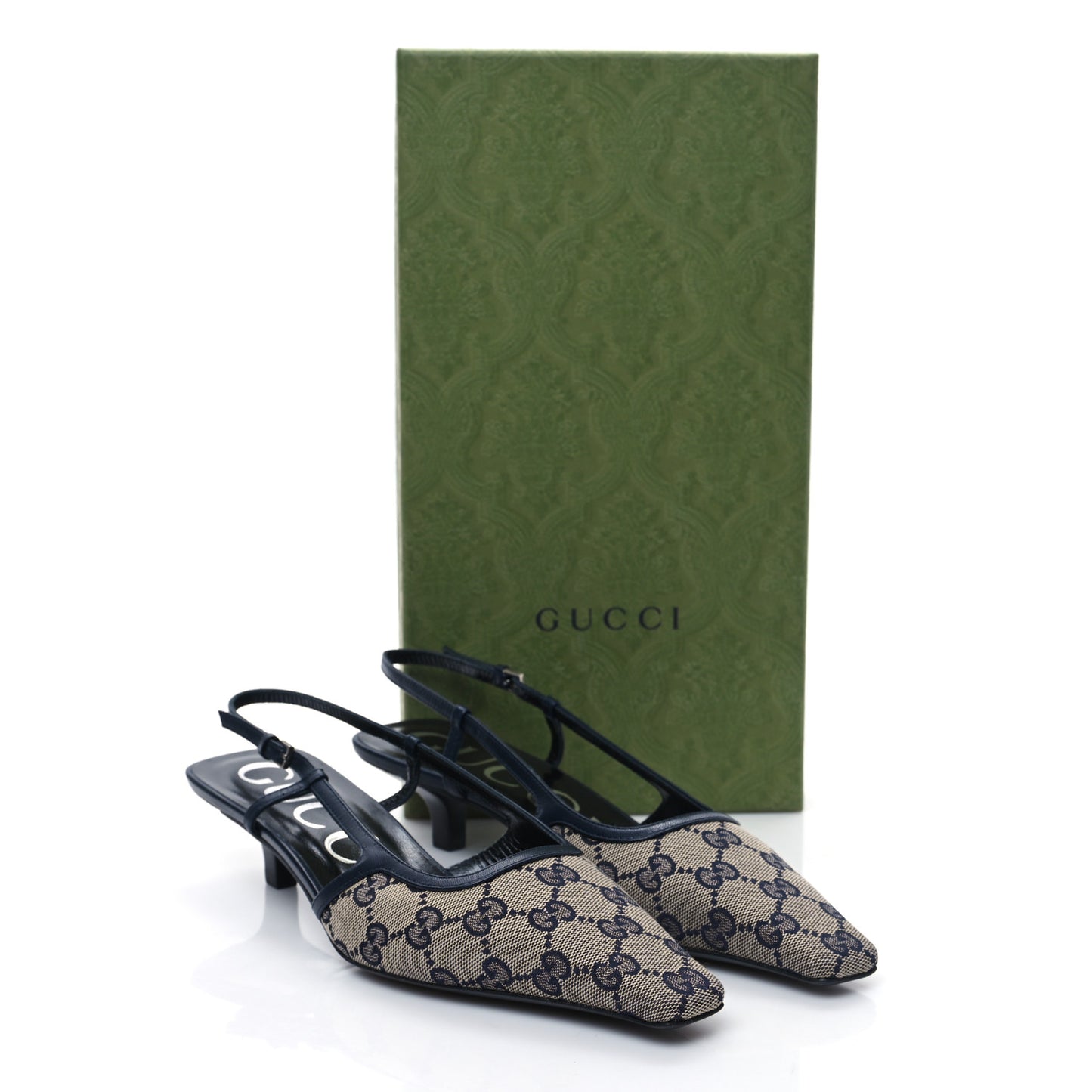 GG Monogram Malaga Kid Square G 35mm Slingback Pumps 38 Beige Blue
