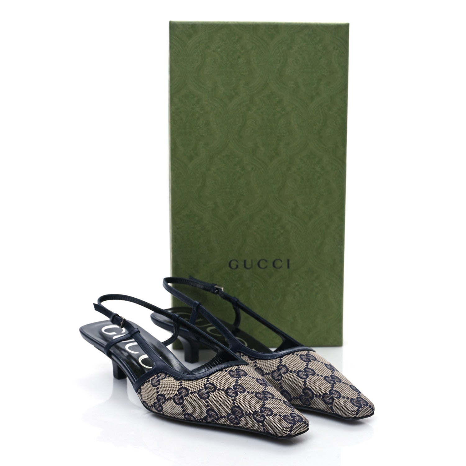 Gucci GG Monogram Malaga Kid Square G 35mm Slingback Pumps 38 Beige Blue 8 of 8