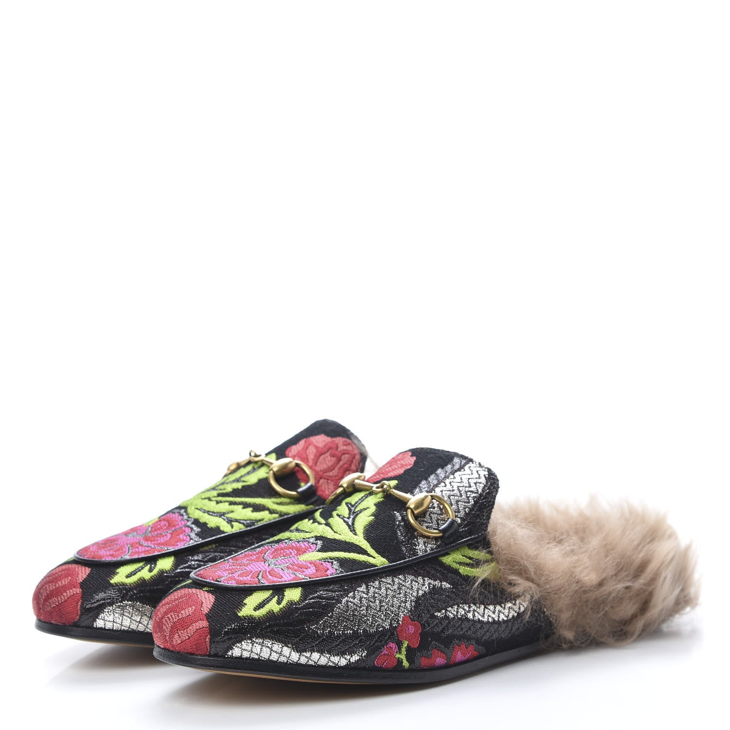 Gucci Brocade Fur Floral Womens Princetown Slippers 36 Black Anthracite 3 of 8