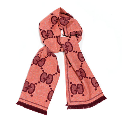 Gucci Wool Lame Jacquard Monogram Jumbo GG Lady Nest Lux Scarf Salmon Bordeaux 1 of 3