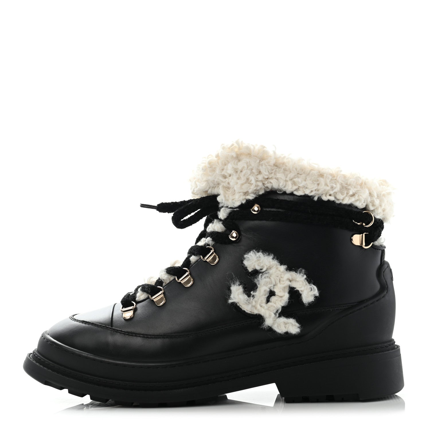 Chanel Calfskin Shearling CC Lace Up Boots 41 Black 1 of 10