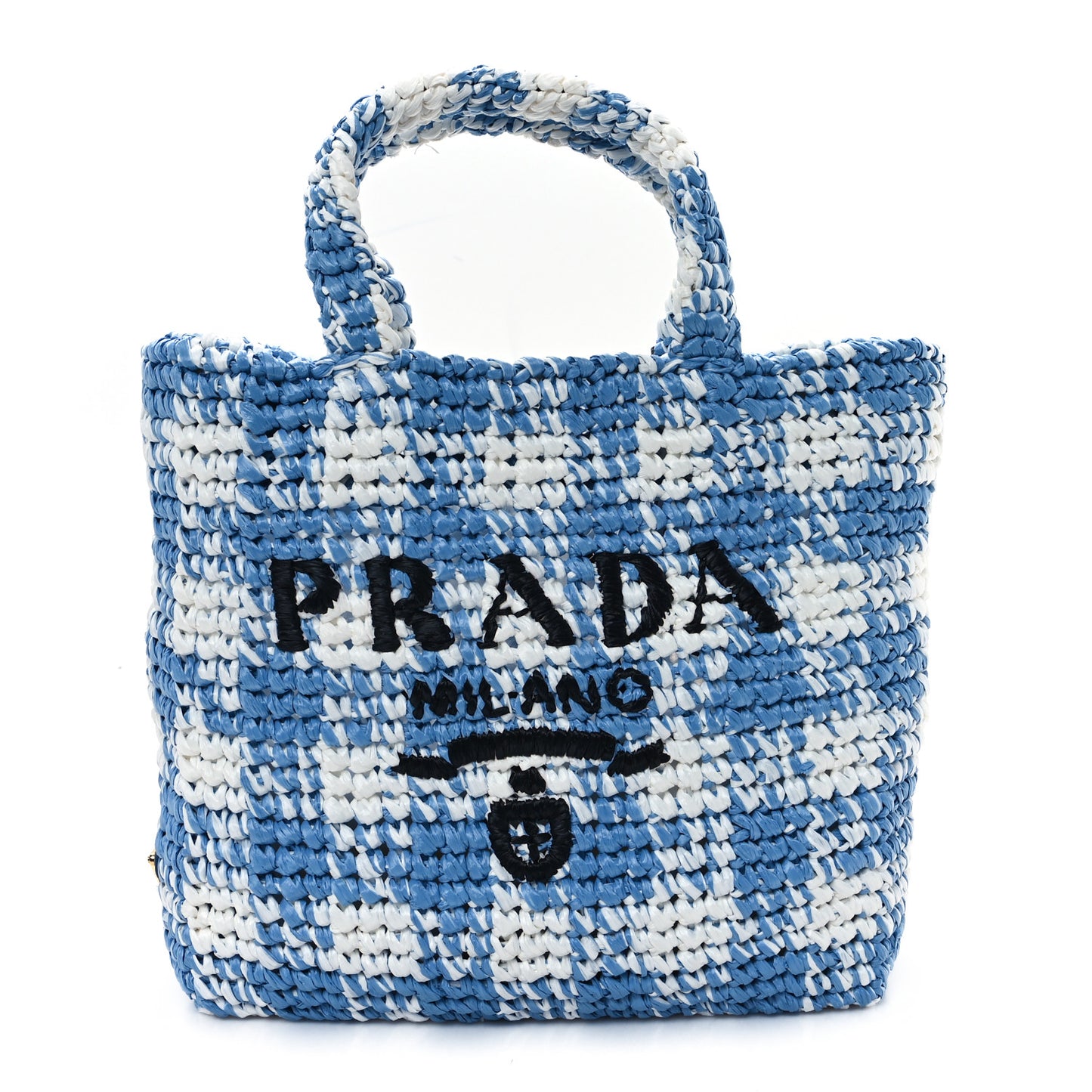Yarn Raffia Effect Crochet Embroidered Small Logo Tote Celeste