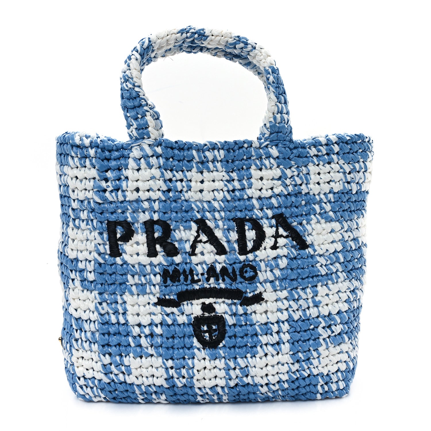 Prada Yarn Raffia Effect Crochet Embroidered Small Logo Tote Celeste 1 of 12
