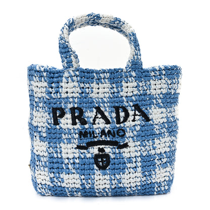 Prada Yarn Raffia Effect Crochet Embroidered Small Logo Tote Celeste 1 of 12