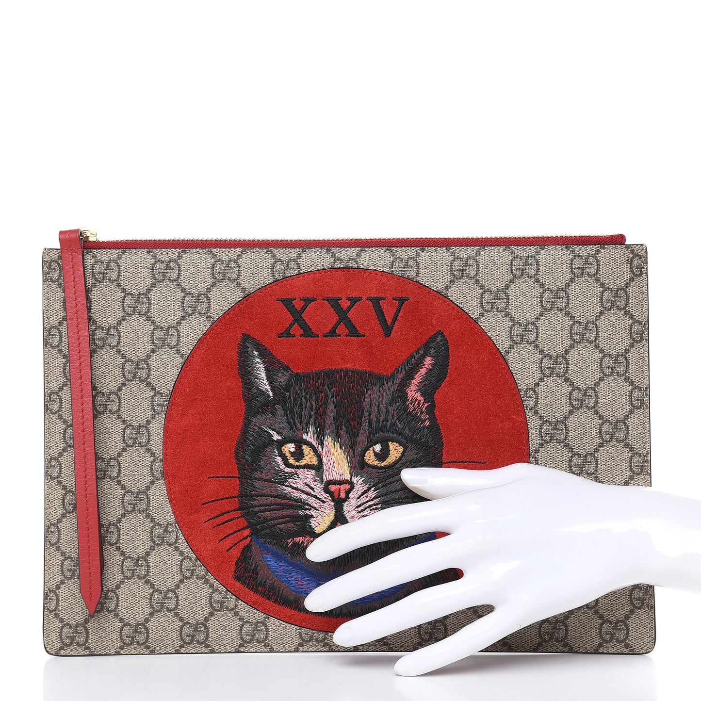 GG Supreme Monogram Mystic Cat Large Zip Pouch Red