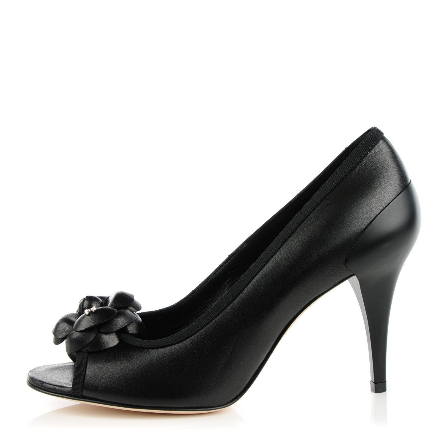 Chanel Lambskin Camellia Peep Toe Pumps 38 Black 1 of 9
