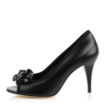 Chanel Lambskin Camellia Peep Toe Pumps 38 Black 1 of 9