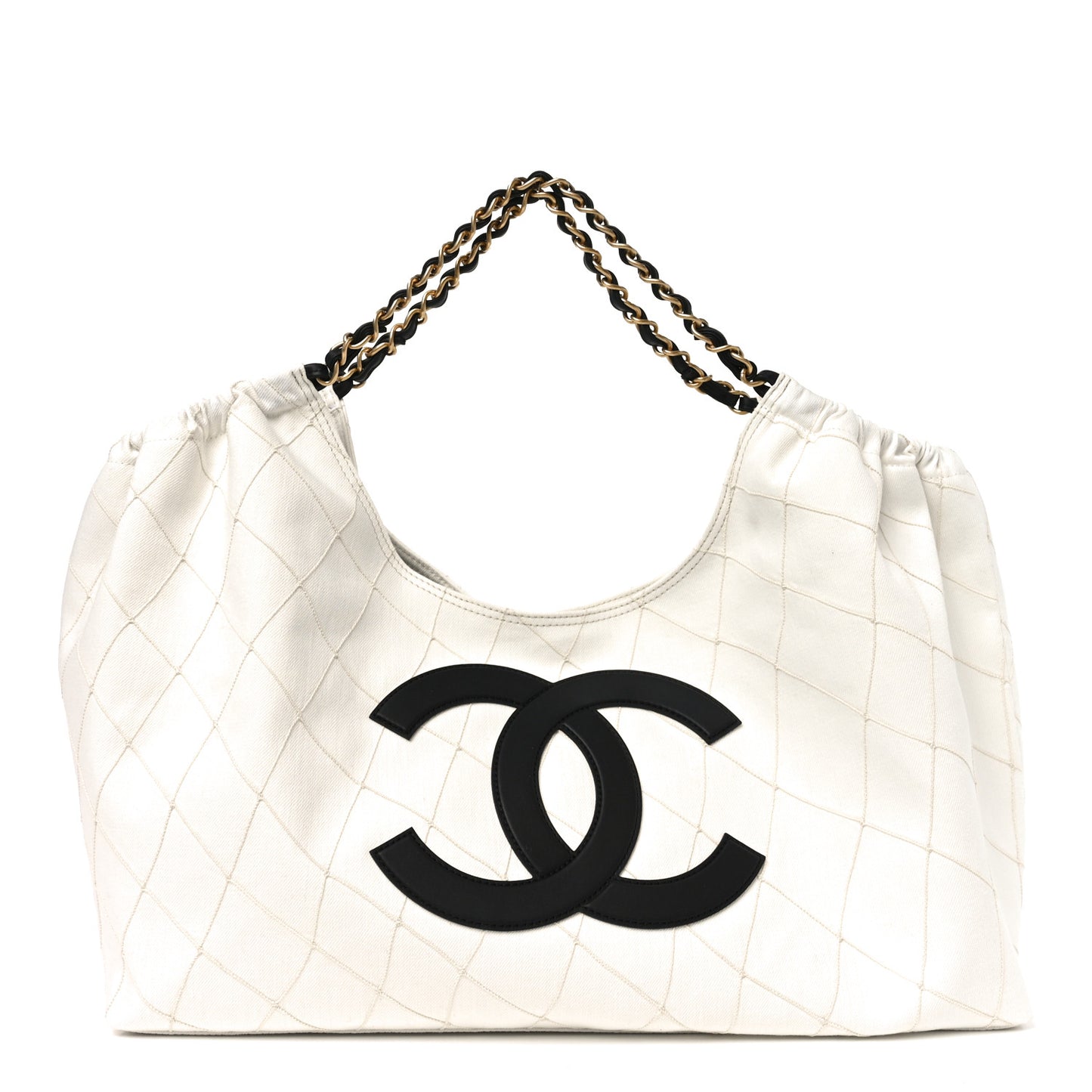 Denim Calfskin Quilted Coco Beach Small Shopping Tote White Black