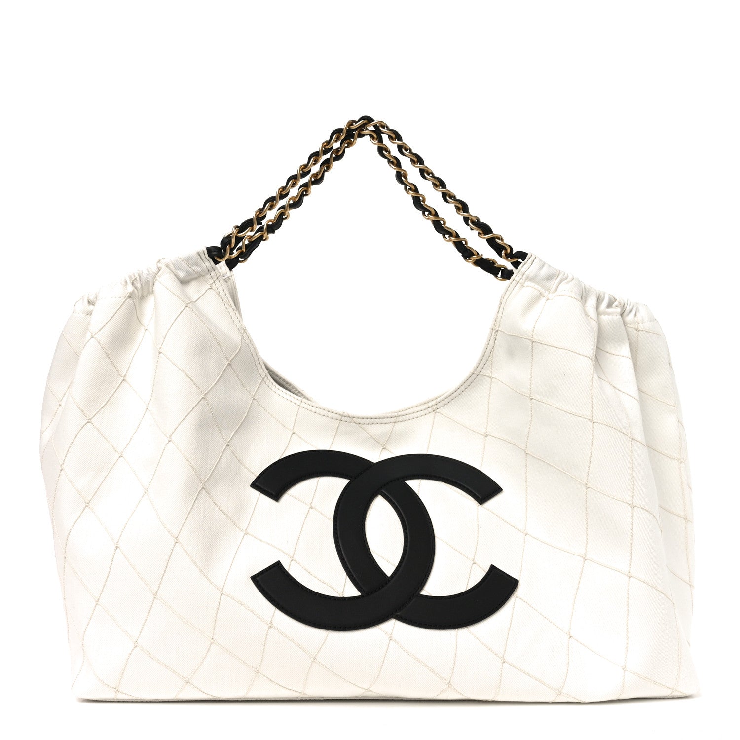 Chanel Denim Calfskin Quilted Coco Beach Small Shopping Tote White Black 1 of 11
