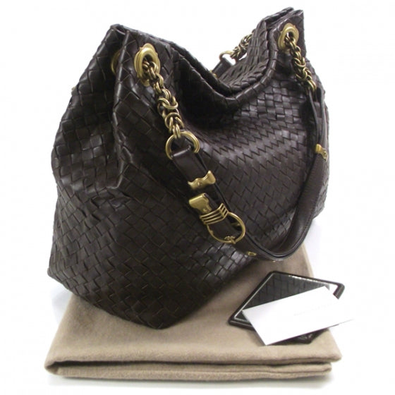 Bottega Veneta Leather Woven Chain Shoulder Bag Ebano 3 of 10