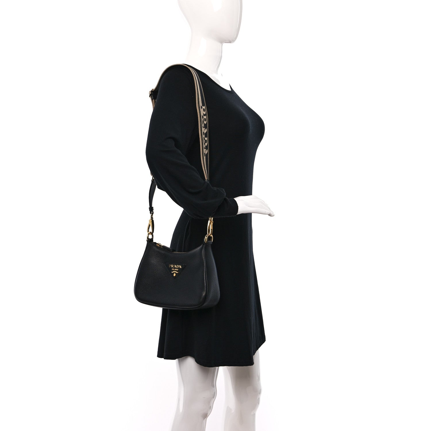 Prada Vitello Daino Soft Zippered Hobo Shoulder Bag Black 2 of 9