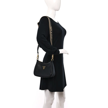 Prada Vitello Daino Soft Zippered Hobo Shoulder Bag Black 2 of 9
