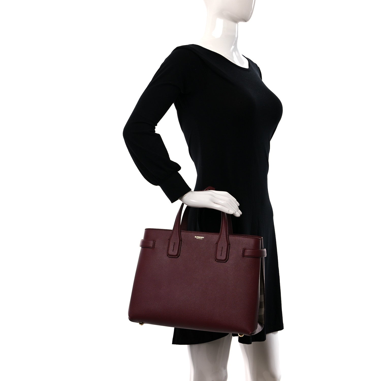 Burberry Grainy Calfskin House Check Small Banner Tote Mahogany Red 2 of 8