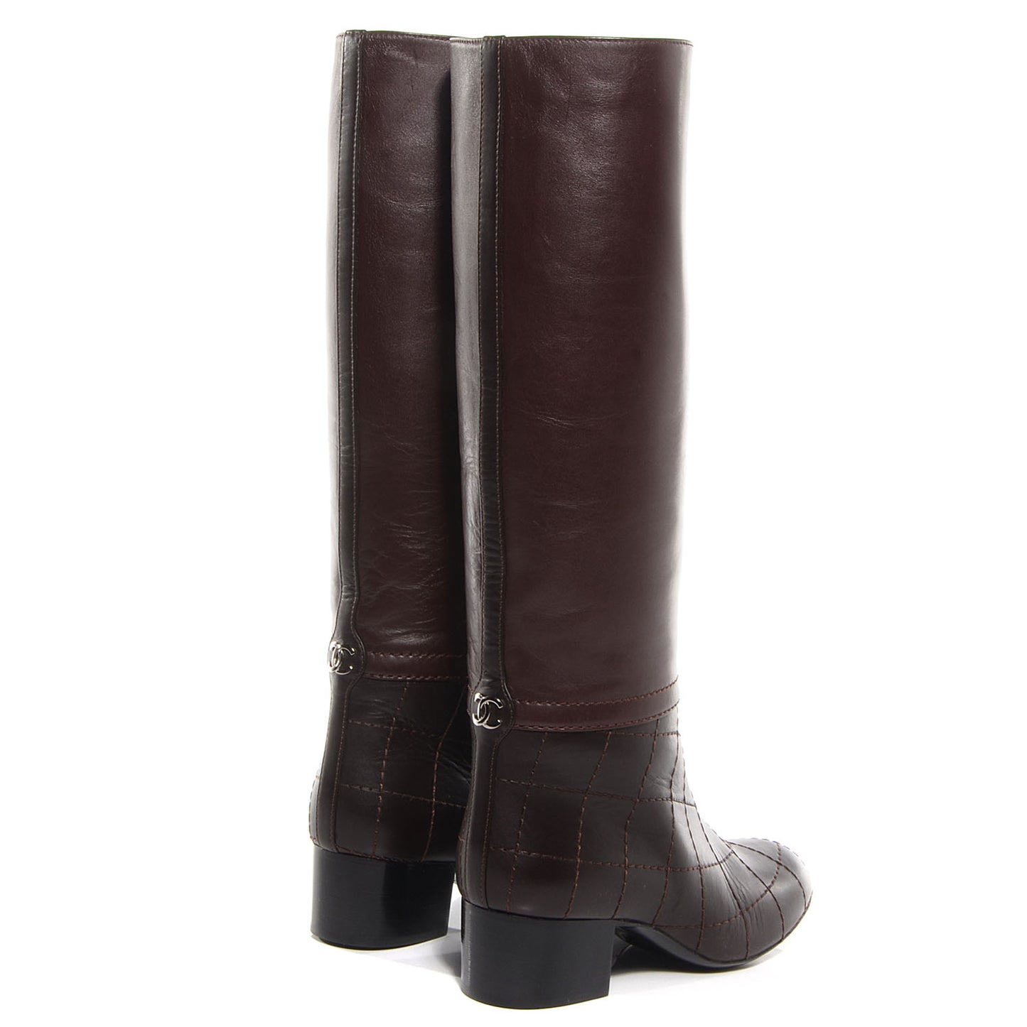 Leather CC Quilted Knee High Riding Boots 36 Dark Brown