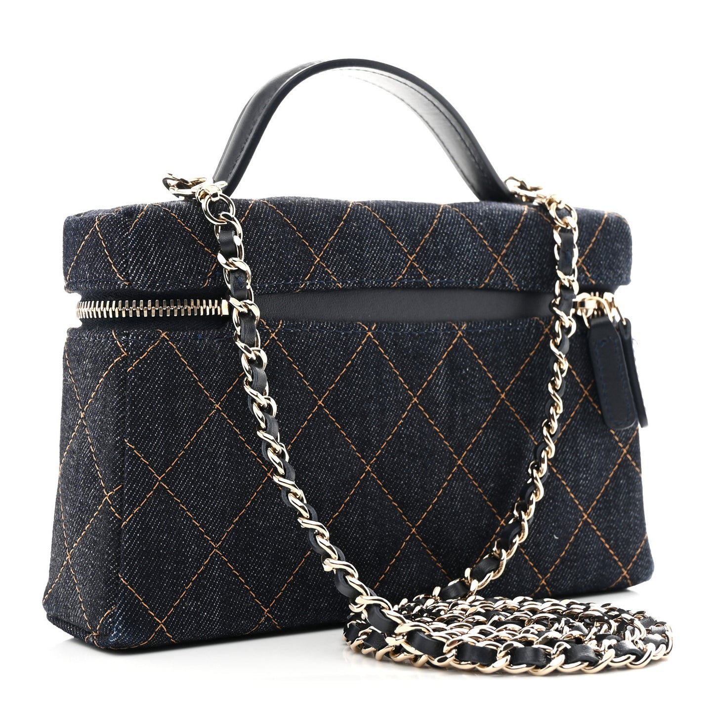 Denim Quilted Top Handle Slim Vanity Case With Chain Dark Blue Orange