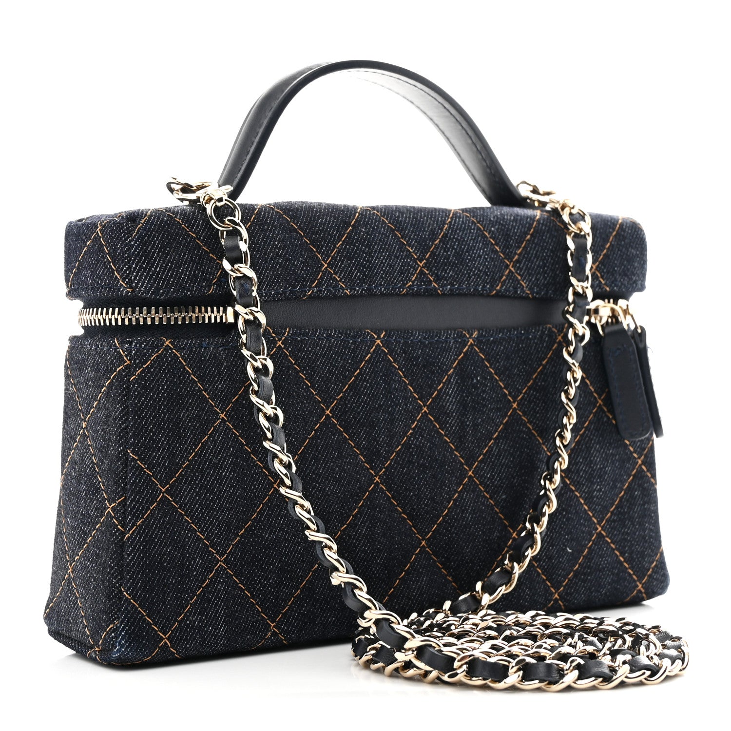 Chanel Denim Quilted Top Handle Slim Vanity Case With Chain Dark Blue Orange 3 of 11