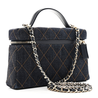 Chanel Denim Quilted Top Handle Slim Vanity Case With Chain Dark Blue Orange 3 of 11