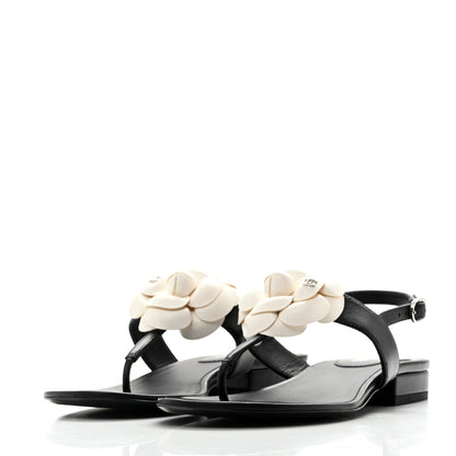 Chanel Lambskin Camellia Thong Sandals 36.5 Black White 4 of 10