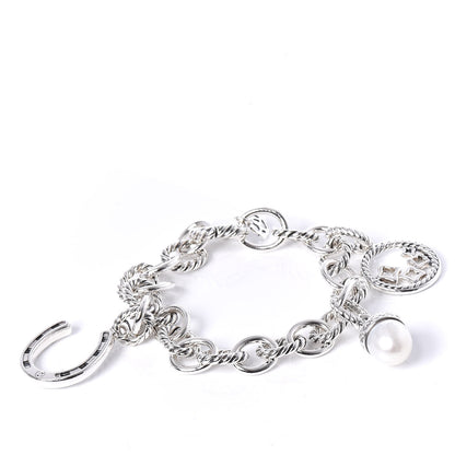 David Yurman Sterling Silver Diamond Freshwater Pearl 9.5mm Oval Link Charm Bracelet 1 of 5
