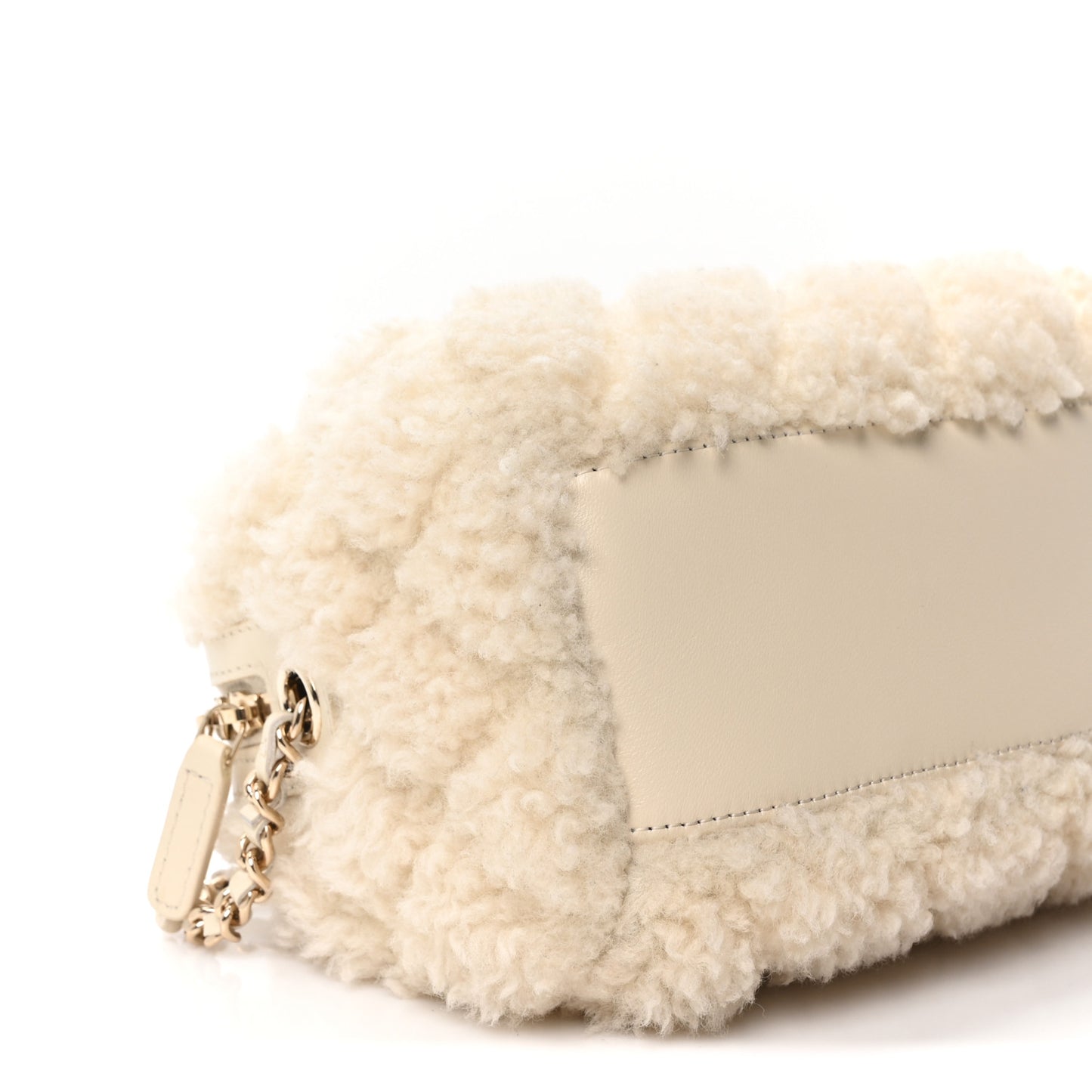Shearling Quilted Barrel Clutch With Chain Beige