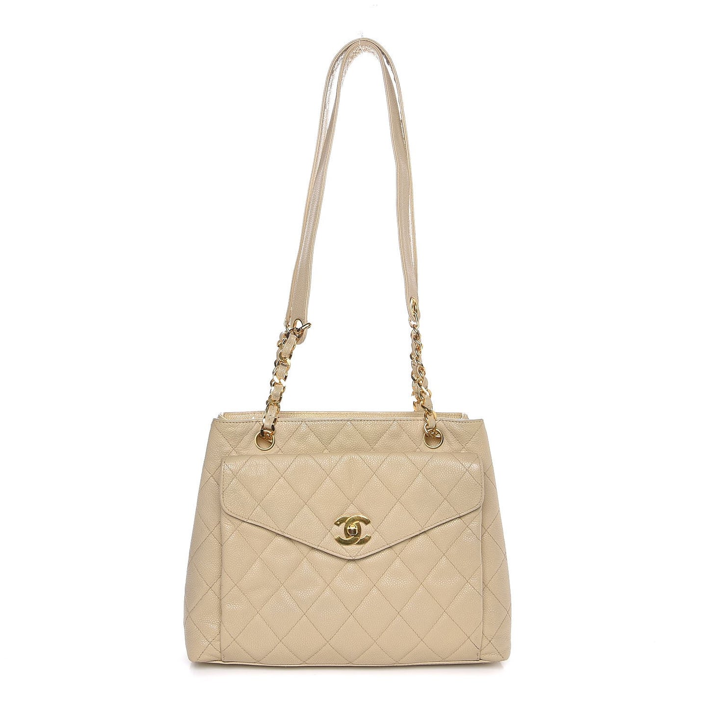 Caviar Quilted Flap Shoulder Bag Beige Clair