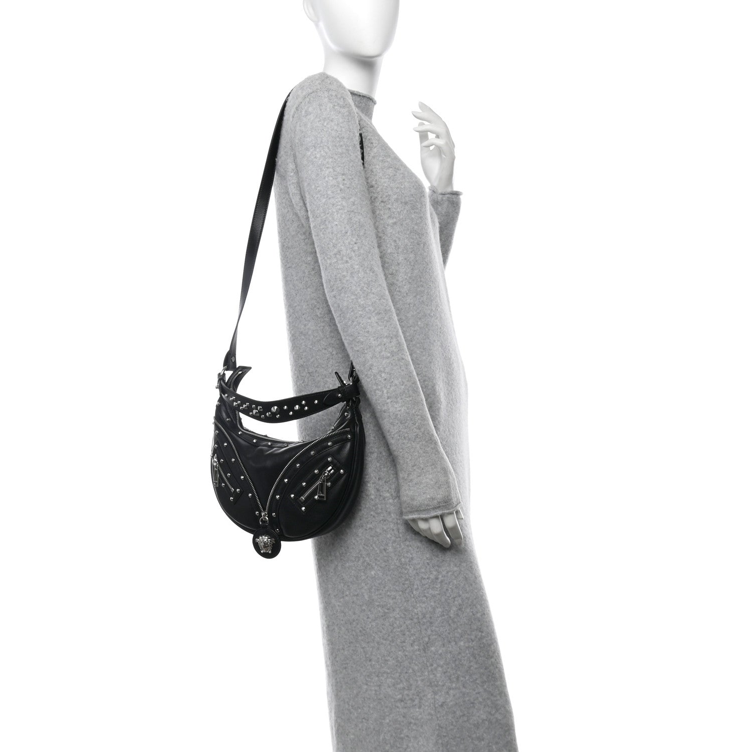 Versace Calfskin Studded Small Repeat Zip Hobo Black 2 of 9