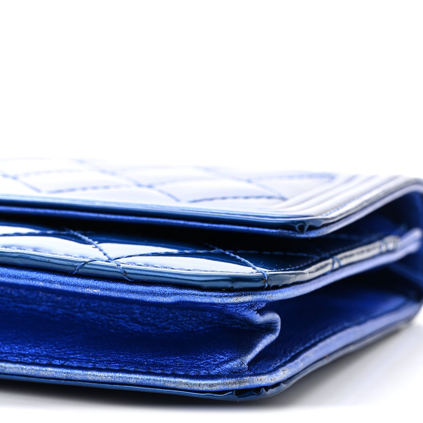Metallic Patent Calfskin Quilted Boy Wallet on Chain WOC Blue