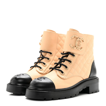 Chanel Lambskin Calfskin Quilted Lace Up Combat Boots 36 Beige Black 3 of 11