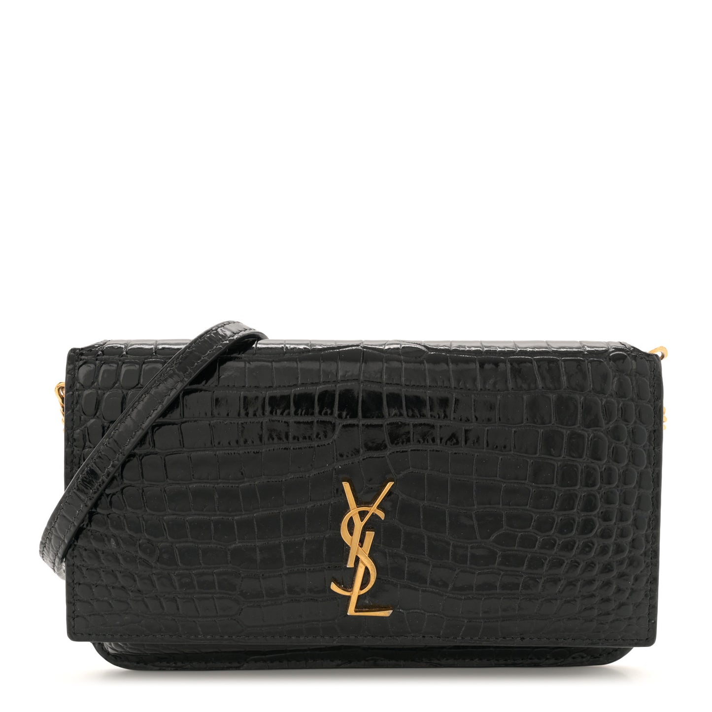 Crocodile Embossed Monogram Phone Holder Crossbody Black