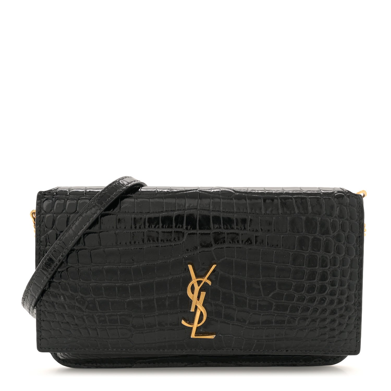 Saint Laurent Crocodile Embossed Monogram Phone Holder Crossbody Black 1 of 12