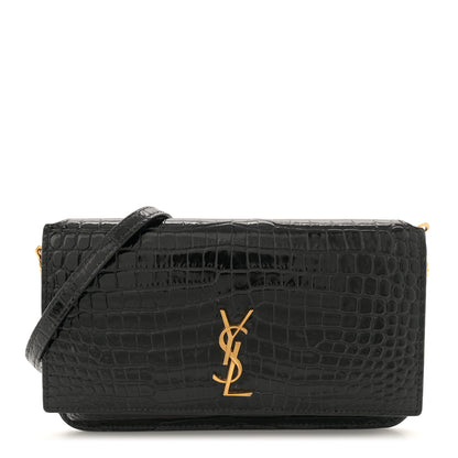 Saint Laurent Crocodile Embossed Monogram Phone Holder Crossbody Black 1 of 12