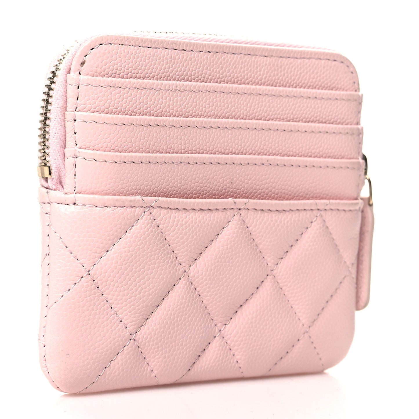 Caviar Quilted Crystal Zip Card Holder Wallet Light Pink