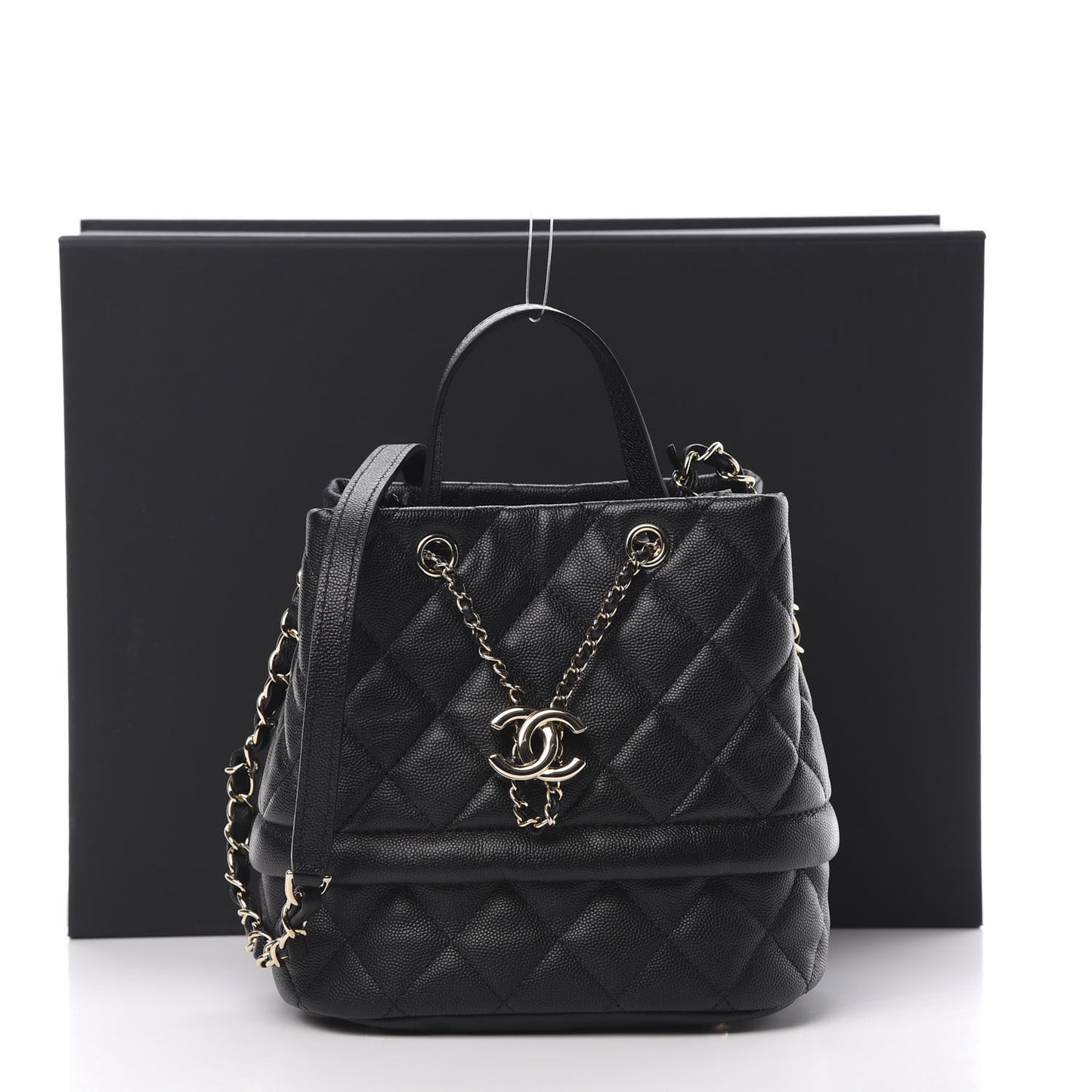 Caviar Quilted Rolled Up Bucket Drawstring Bag Black