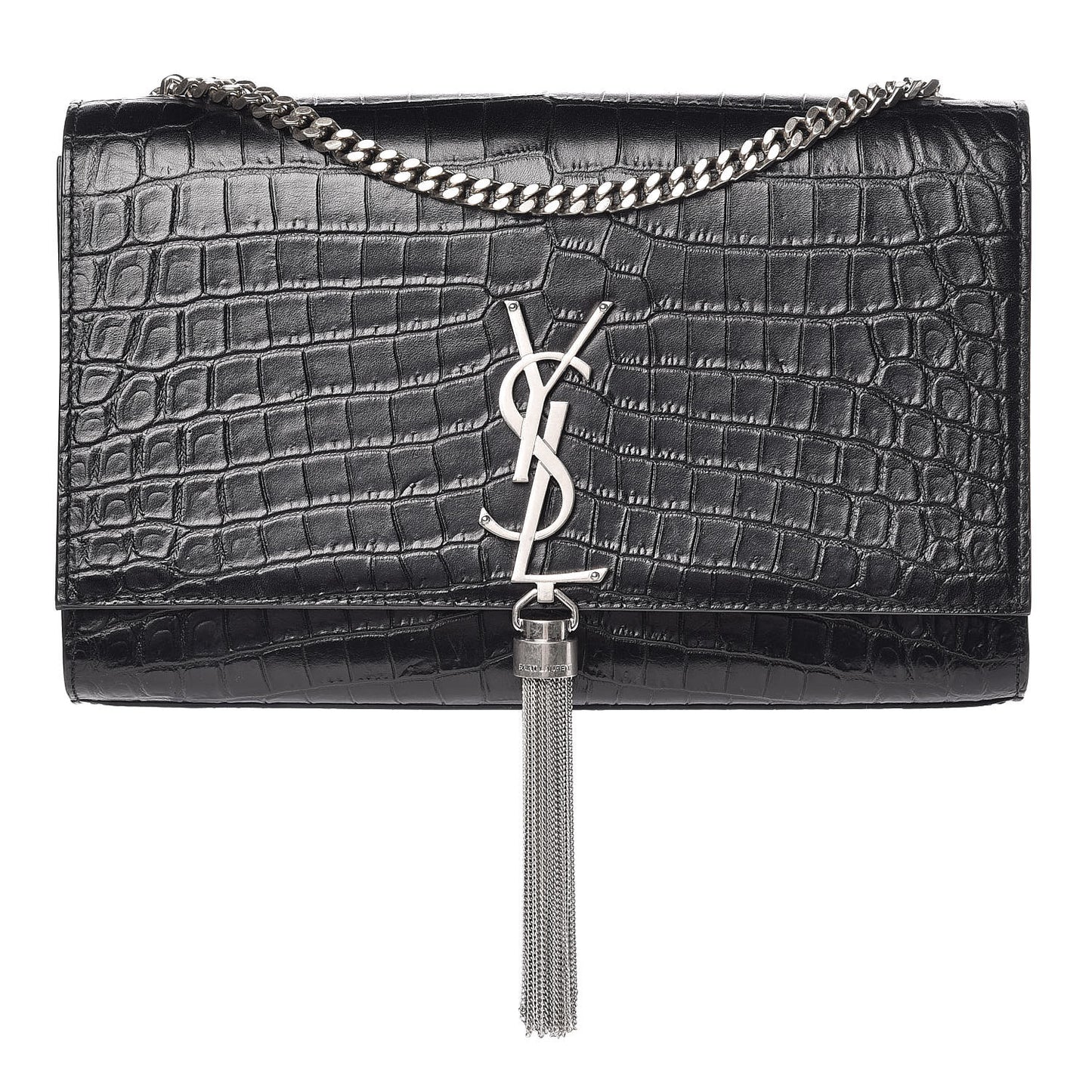 Calfskin Crocodile Embossed Medium Classic Monogram Kate Tassel Satchel Black