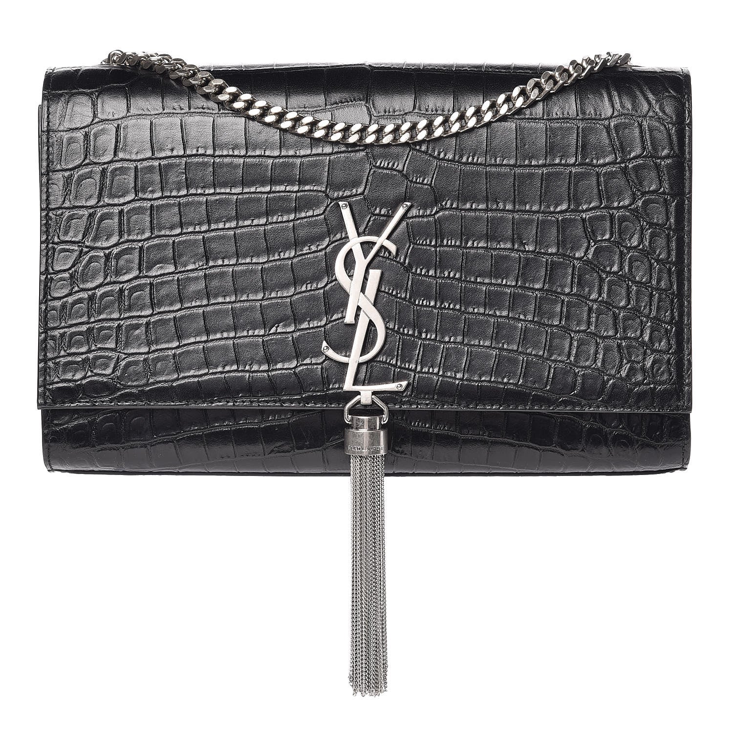Saint Laurent Calfskin Crocodile Embossed Medium Classic Monogram Kate Tassel Satchel Black 1 of 13