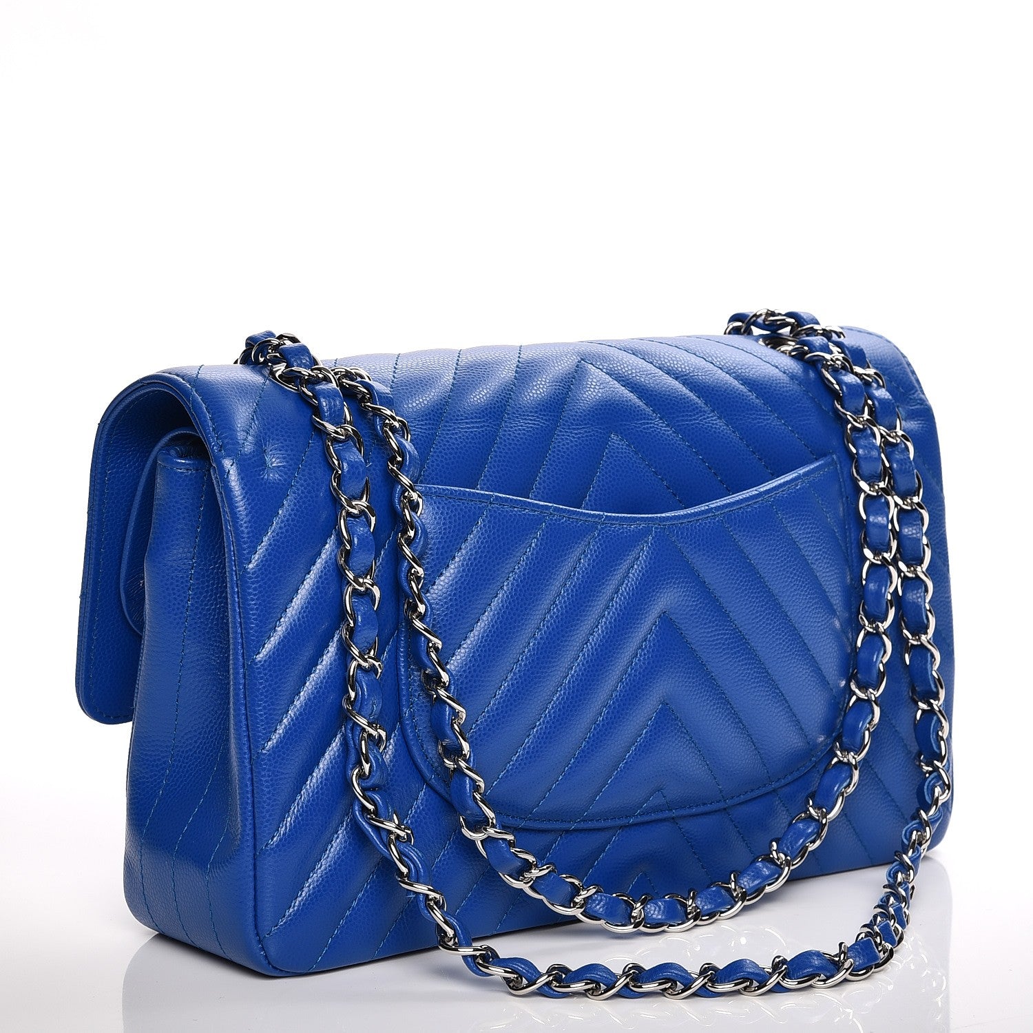 Chanel Caviar Chevron Quilted Medium Double Flap Bright Blue 3 of 9
