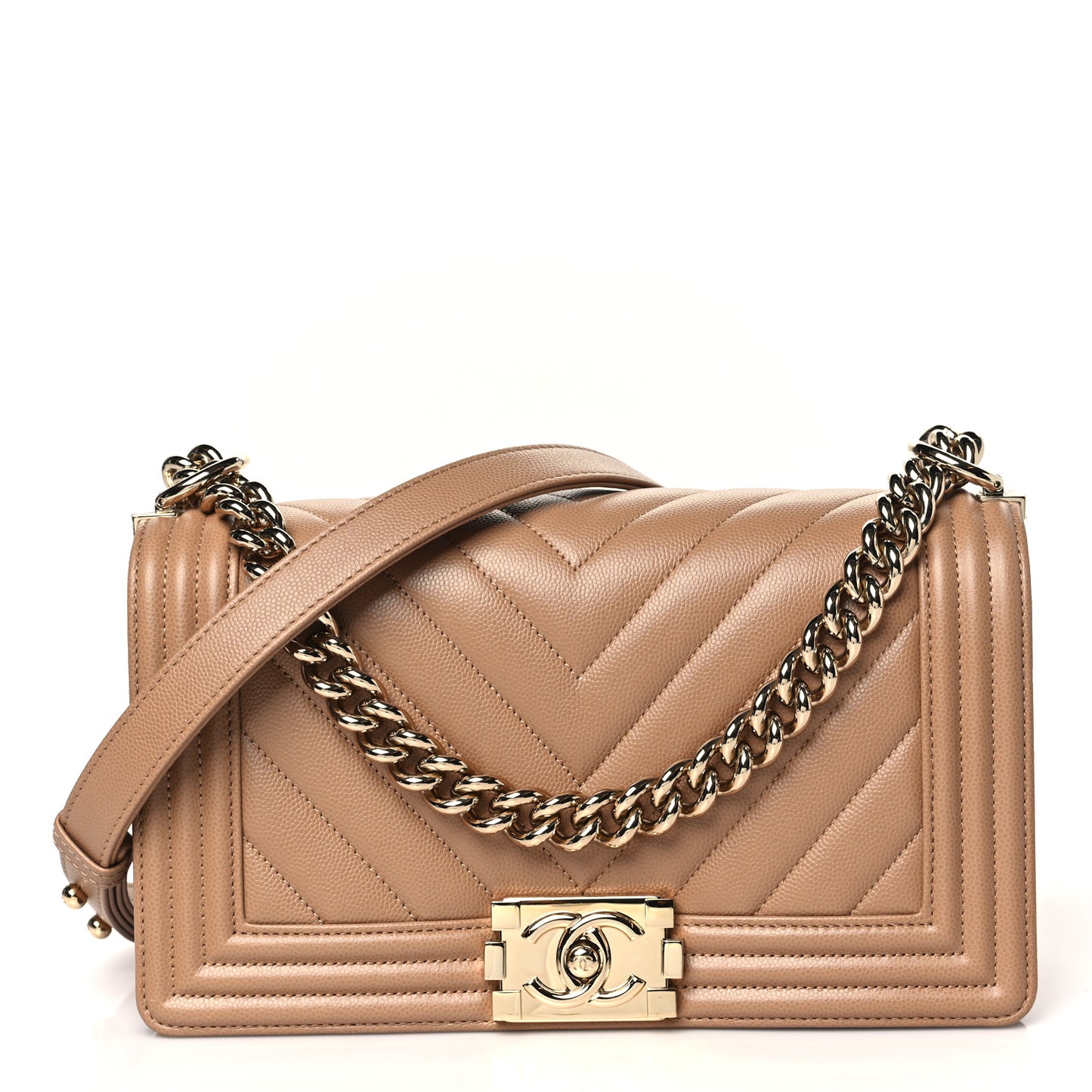 Caviar Chevron Quilted Medium Boy Flap Beige