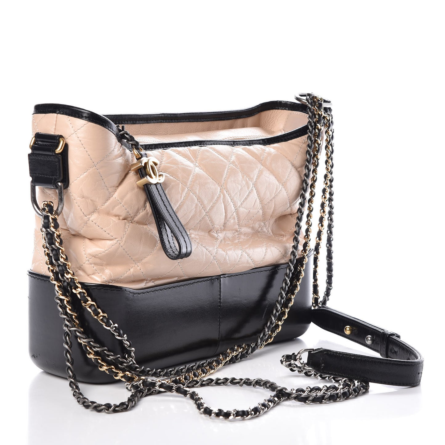 Aged Calfskin Quilted Medium Gabrielle Hobo Beige Black