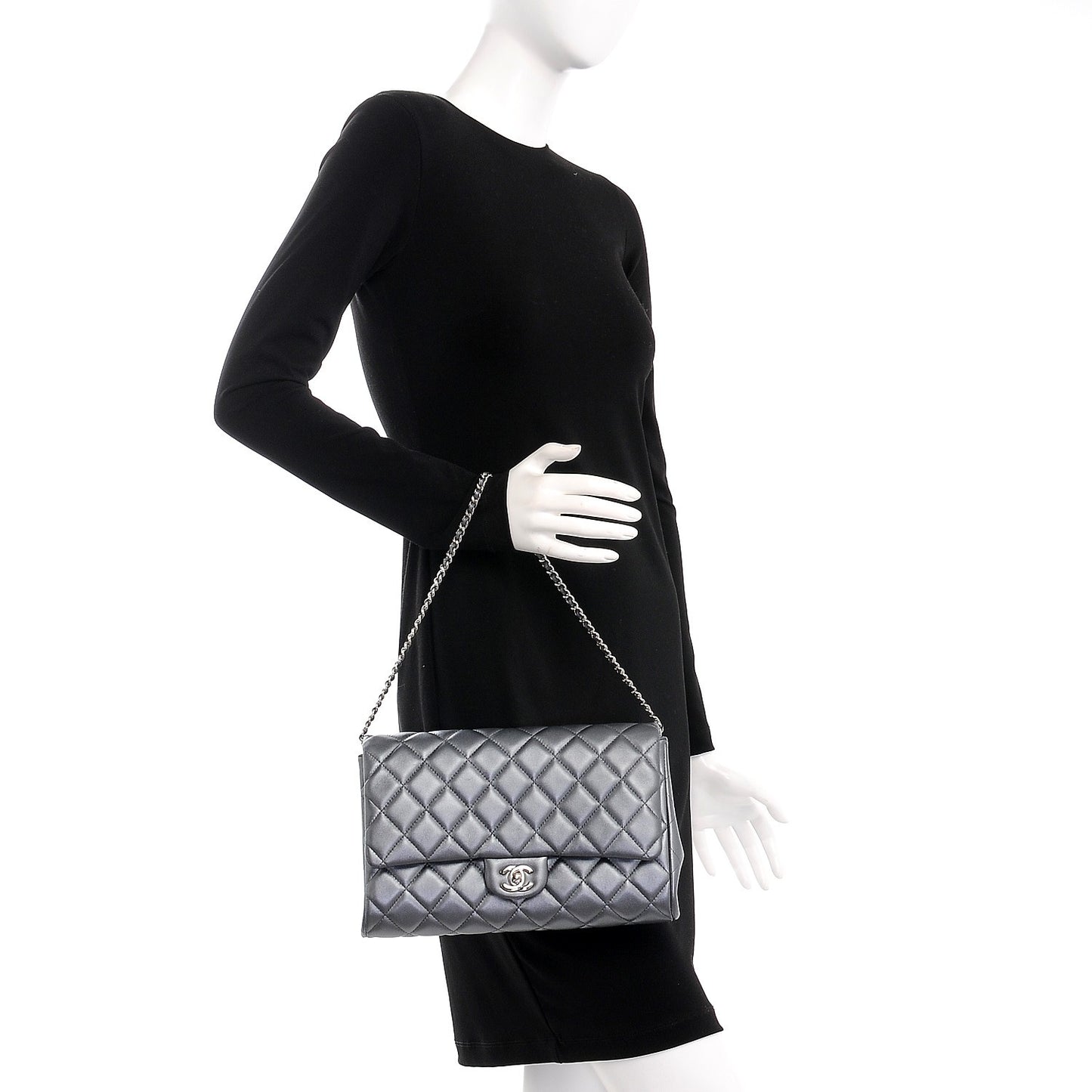 Metallic Lambskin Quilted Clutch With Chain Flap Dark Grey