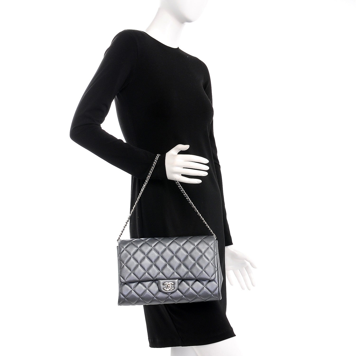 Chanel Metallic Lambskin Quilted Clutch With Chain Flap Dark Grey 2 of 8
