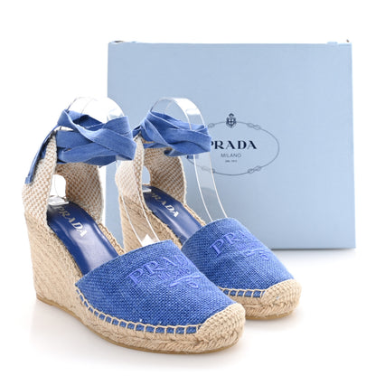 Prada Linen Logo Espadrille 90mm Wedge Sandals 39 Azzurro 9 of 9